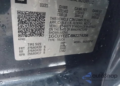 2021 Chevrolet Silverado 1500 4Wd Short Bed Rst z USA, uszkodzony, nr VIN 1GCUYEED8MZ274356